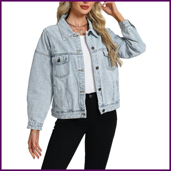 Oversized Distressed Denim Jacket Boyfriend Fit Long Sleeve Trucker Coat